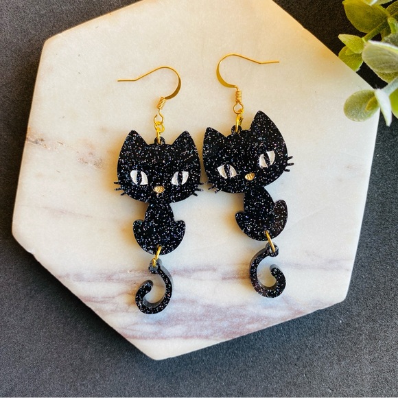 Black Cat Earrings Glitter Acrylic Earrings - Picture 7 of 9